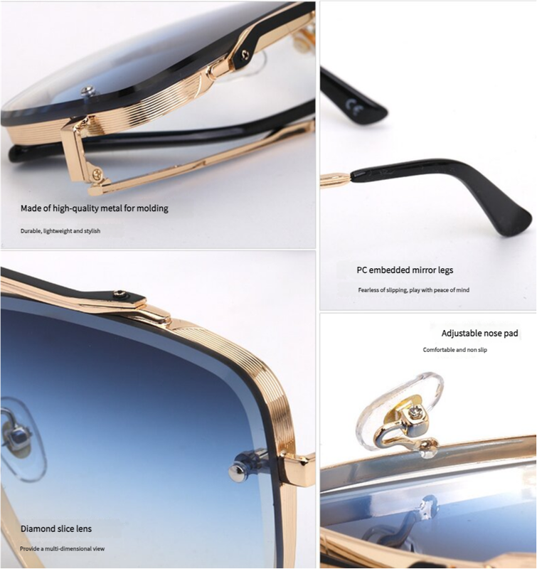 Gold Double Grey Square Sunglasses, Fashionable Men's Metal, UV400 Gradient Lenses for Timeless Style