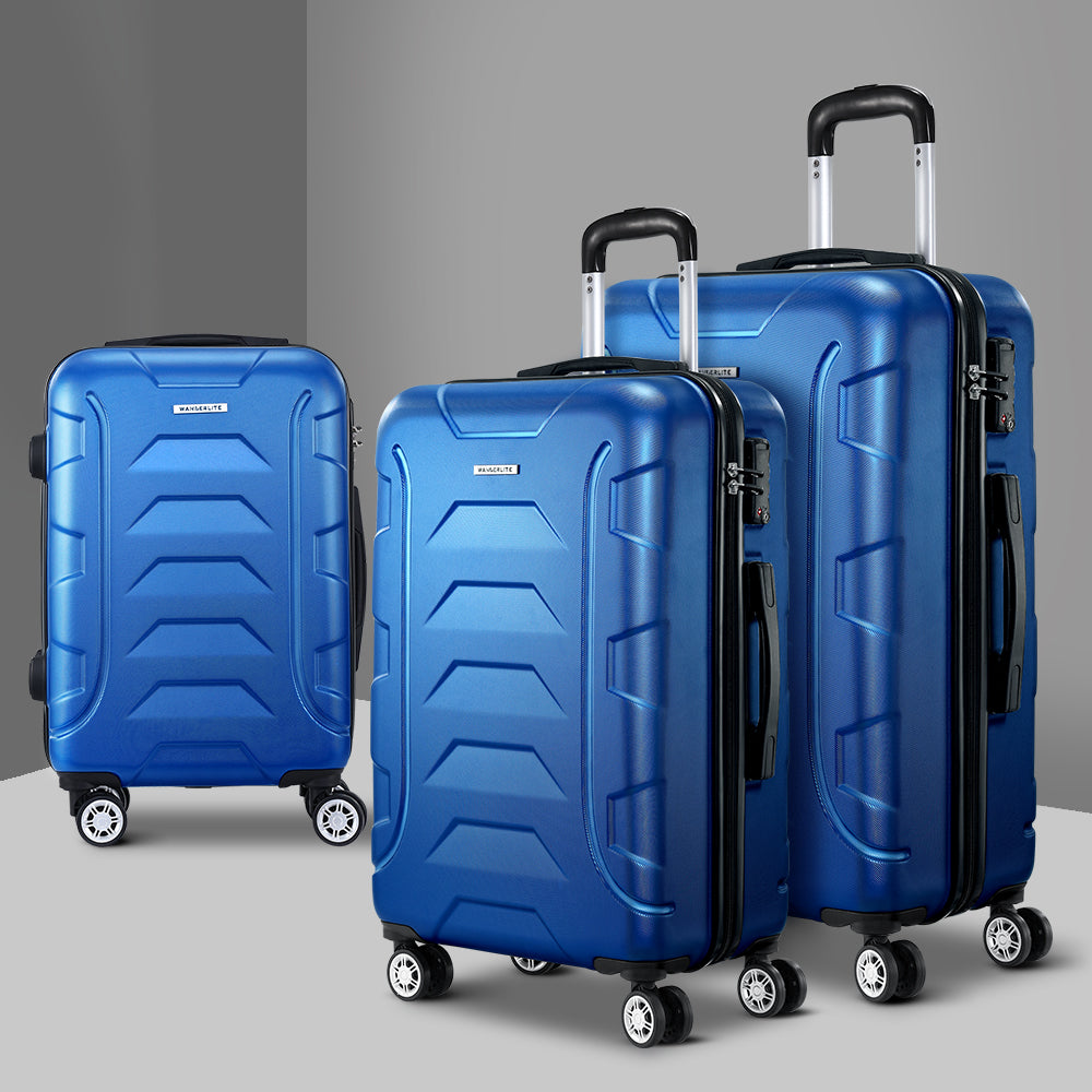 Wanderlite 3pc Luggage Trolley Travel Suitcase Set TSA Hard Shell Case Strap Blue