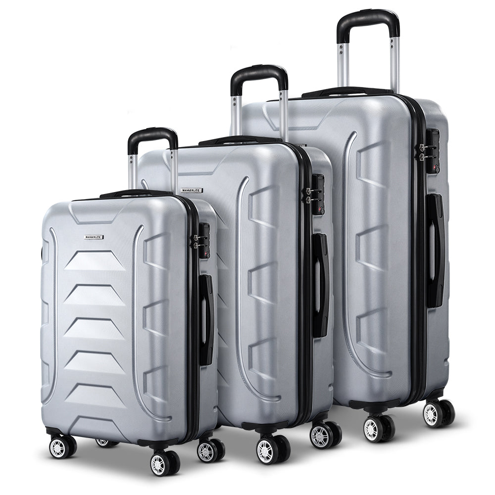 Wanderlite 3pc Luggage Trolley Travel Suitcase Set TSA Hard Case Shell Strap Silver