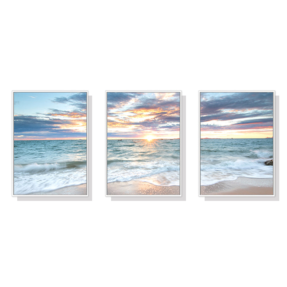 Wall Art 60cmx90cm Sunrise by the ocean 3 Sets White Frame Canvas