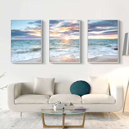 Wall Art 60cmx90cm Sunrise by the ocean 3 Sets White Frame Canvas