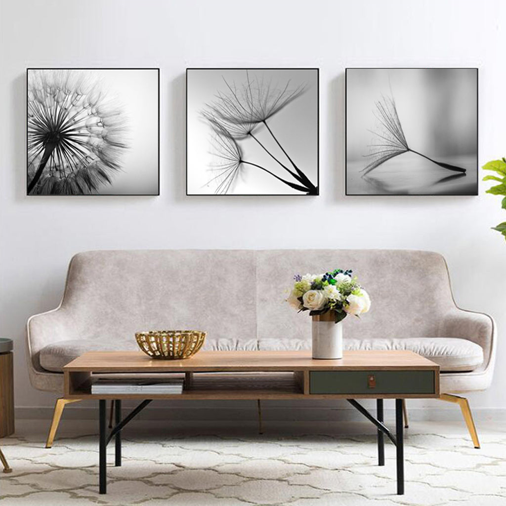 Wall Art 70cmx70cm Botanical dandelions 3 Sets Black Frame Canvas