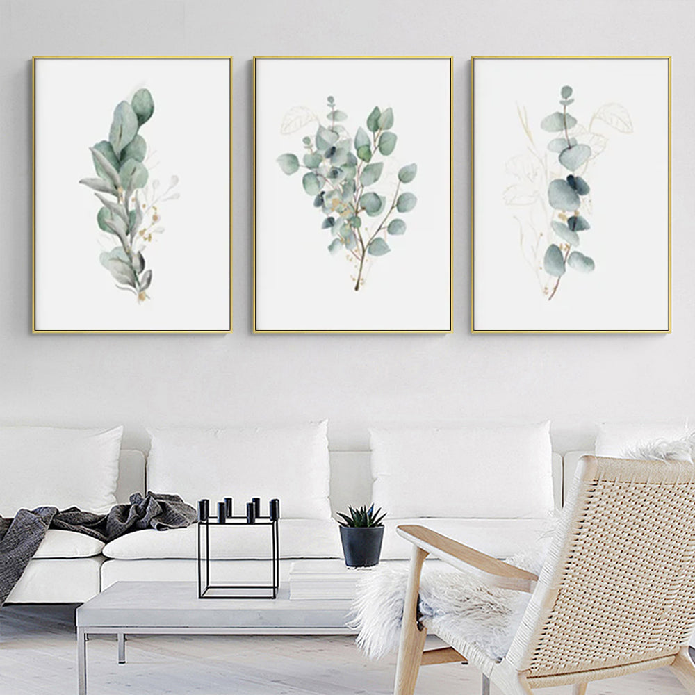 Wall Art 70cmx100cm Eucalyptus Plant 3 Sets Gold Frame Canvas