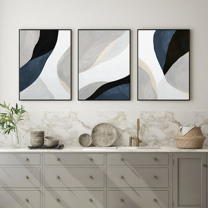 Wall Art 90cmx135cm Abstract Navy Blue 3 Sets Black Frame Canvas