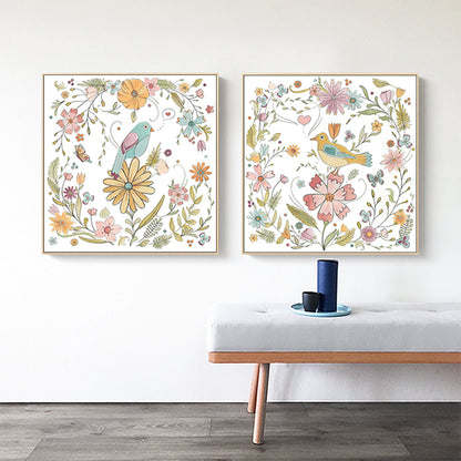 Wall Art 80cmx80cm Floral birds 2 Sets Gold Frame Canvas