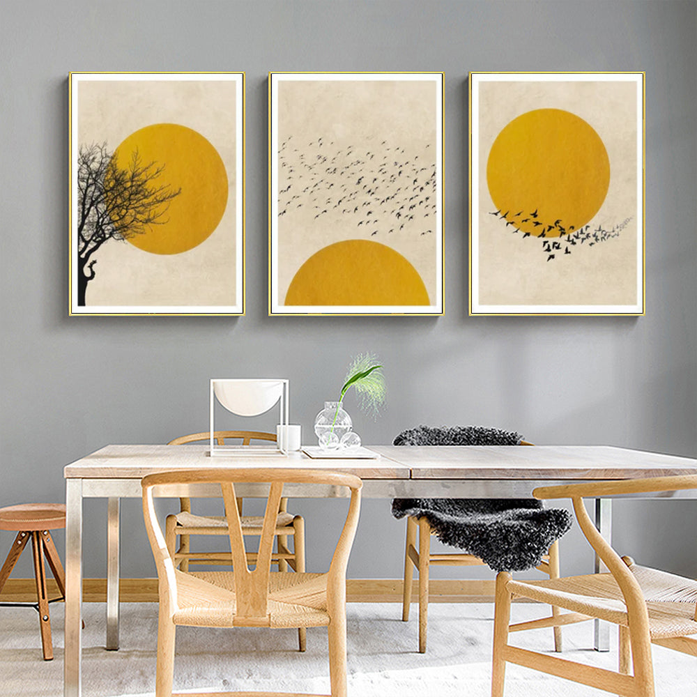 Wall Art 70cmx100cm Flock Of Birds Sun Silhouette 3 Sets Gold Frame Canvas