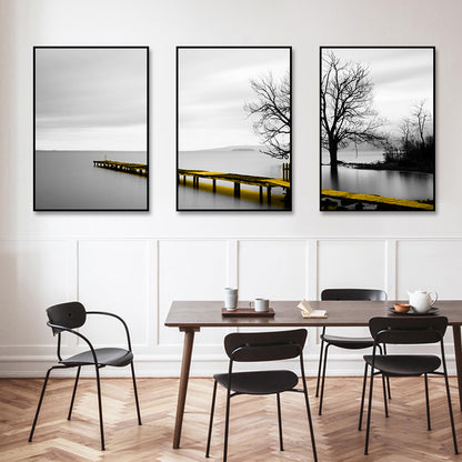 Wall Art 100cmx150cm Calm Lake Bridge Tree Scene 3 Sets Black Frame Canvas