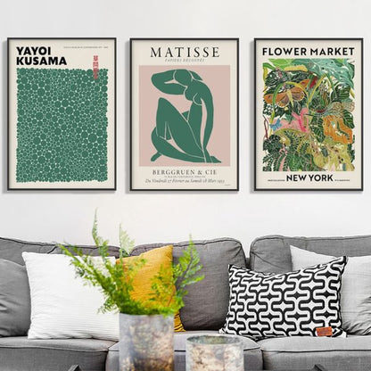 Wall Art 70cmx100cm Flower Market, Matisse Print, Yayoi Kusama 3 Sets Black Frame Canvas