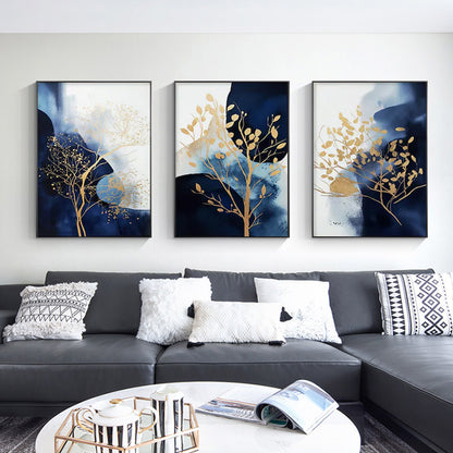 Wall Art 70cmx100cm Navy and Gold Watercolor Shapes 3 Sets Black Frame Canvas