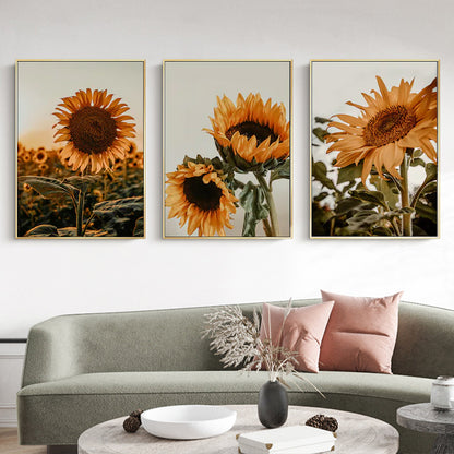 Wall Art 70cmx100cm Sunflower 3 Sets Gold Frame Canvas