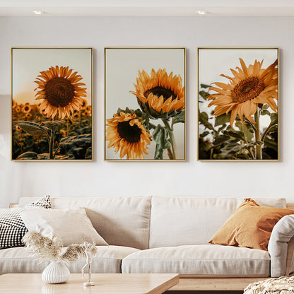 Wall Art 70cmx100cm Sunflower 3 Sets Gold Frame Canvas