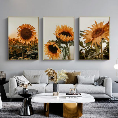 Wall Art 70cmx100cm Sunflower 3 Sets Gold Frame Canvas