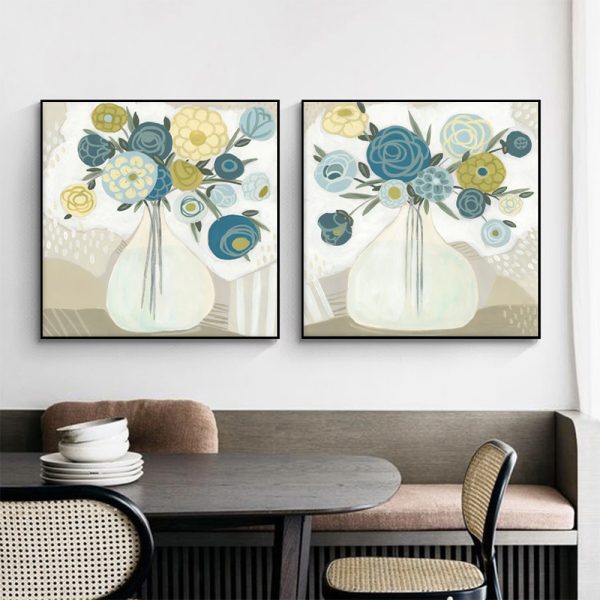 Wall Art 90cmx90cm Blue Bouquet 2 Sets Black Frame Canvas