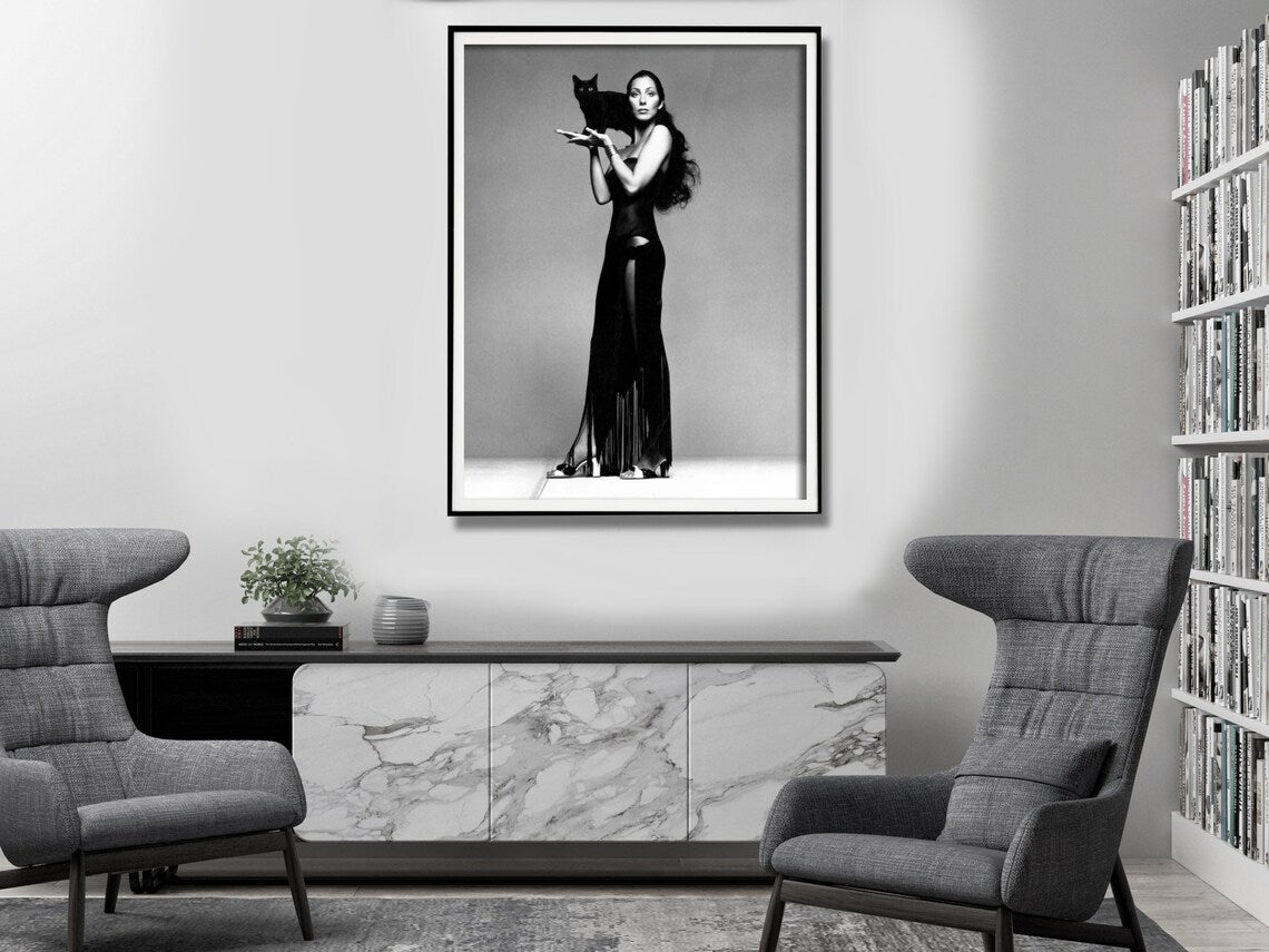 Wall Art 100cmx150cm Cher Music Black and White, Black Frame Canvas