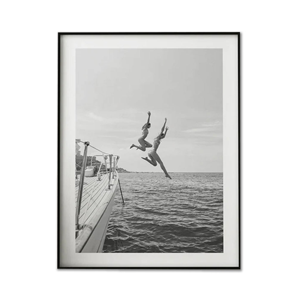 Wall Art 100cmx150cm Black and White Ocean Jump, Black Frame Canvas