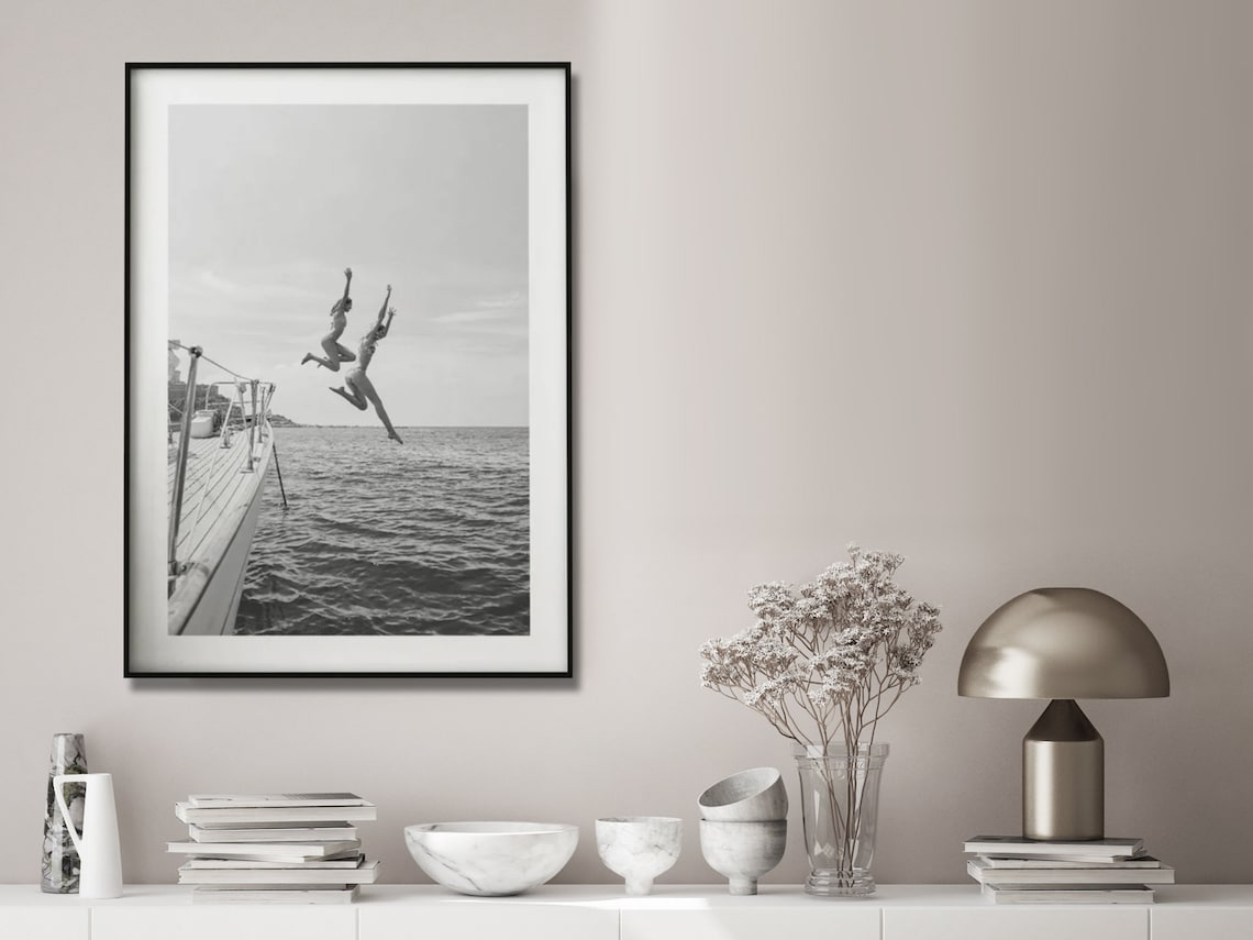 Wall Art 100cmx150cm Black and White Ocean Jump, Black Frame Canvas