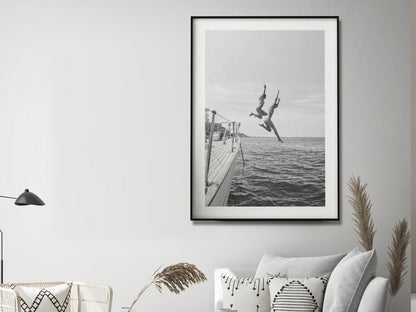 Wall Art 100cmx150cm Black and White Ocean Jump, Black Frame Canvas