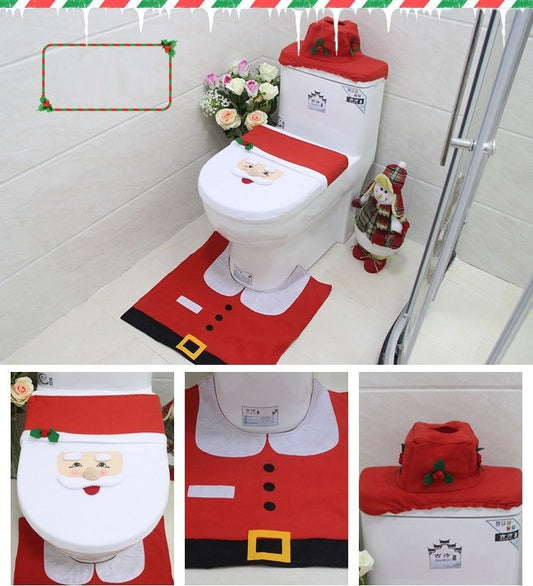 4pcs Christmas Toilet Seat Cover Rug Bathroom Set Santa Snowman Xmas Home Décor, Santa