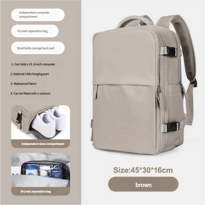 Water-Resistant Laptop Backpack with USB Charging Port and Wet-Dry Separation (Brown)