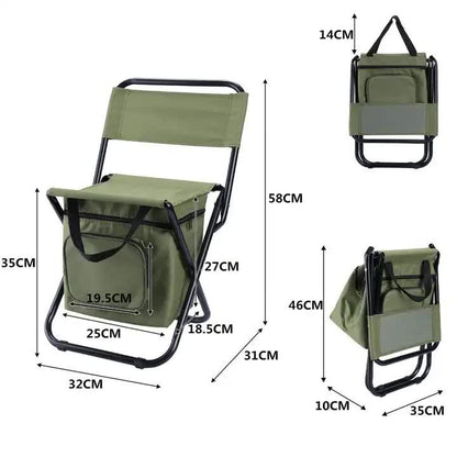 Green Portable 3-in-1 Folding Camping Chair with Storage Bag, Backrest, and Insulated Cooler for Outdoor Fishing, Hiking, and Picnics