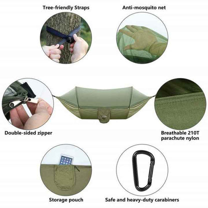 Dark Green Automatic Pop-Up Mosquito Net Hammock – 200kg Load Capacity, Lightweight Outdoor Camping Gear with Quick Setup and Durable Design