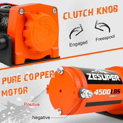 ZESUPER 12V Electric Winch 4500lb Synthetic Rope Boat Winch ATV Winch Trailer Winch 4WD