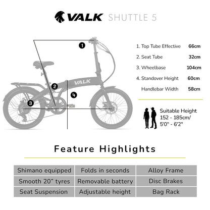 VALK Shuttle 5 Electric Folding Bike, Gen II, 20" Tyres, Shimano 7-Speed, Dark Grey